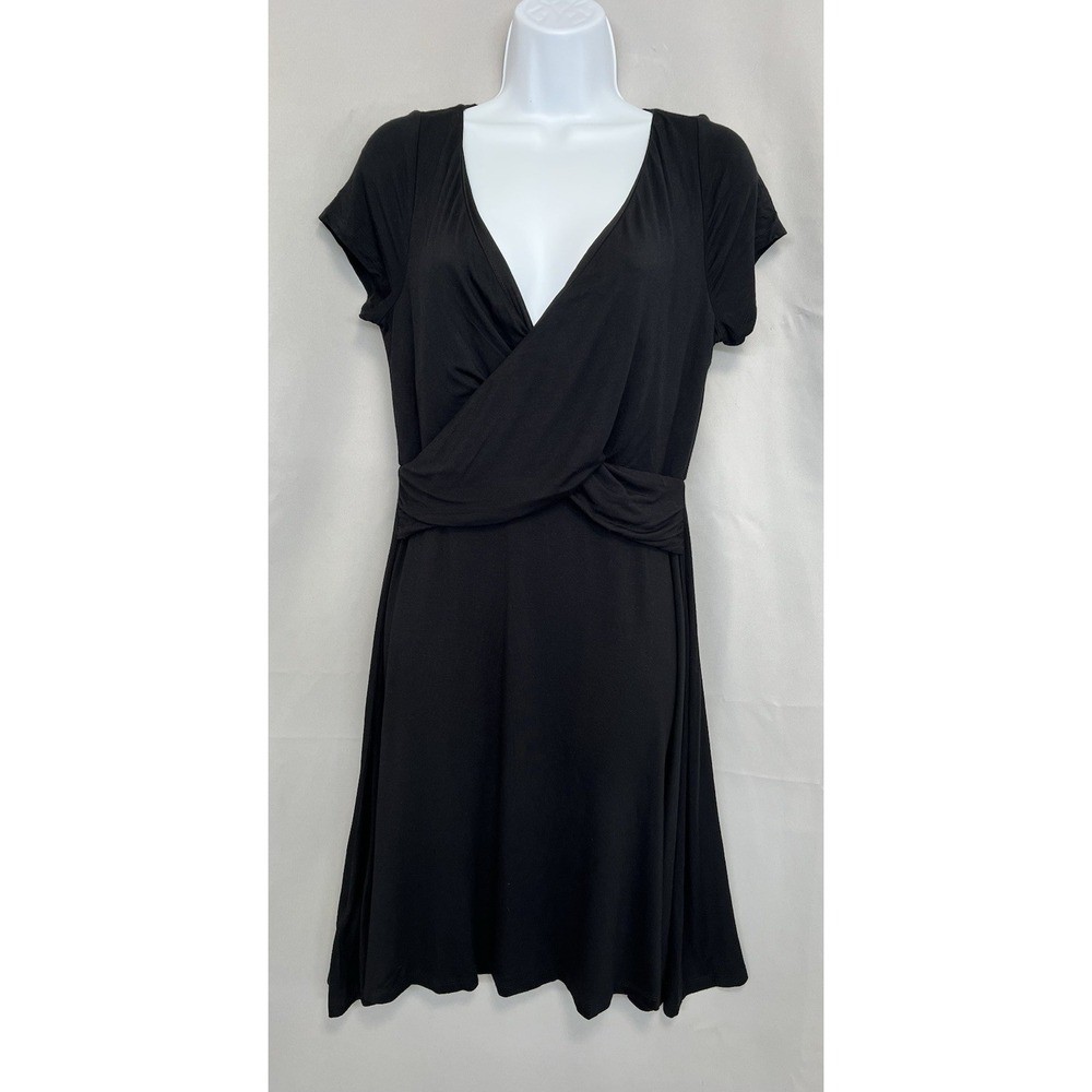 Loft Dress Womens Sz 4 Black Wrap Dress Cap Sleeve‎ Midi Stretch Zip Up NWT